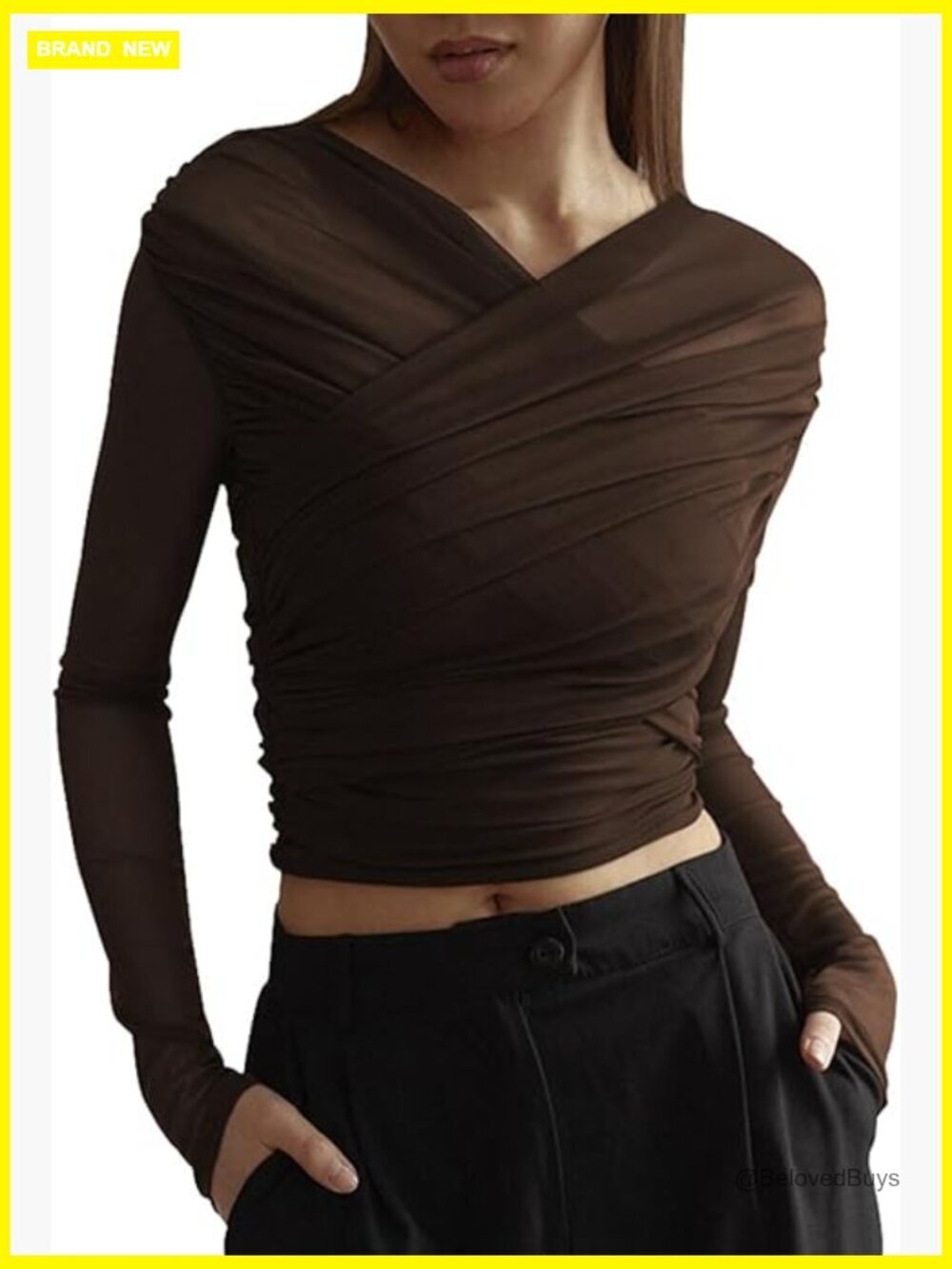 Mesh Ruched Crop Top Long Sleeve V Neck Sheer Blouse Slim Fit Y2K